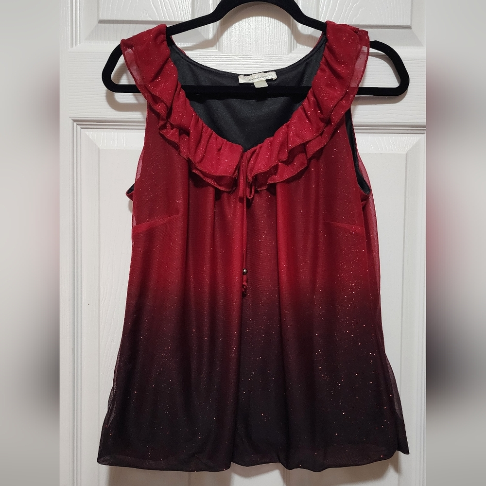 Dressbarn Red and Black Gradient Ruffled Blouse